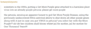 Textpost that reads: "scientists in the 1990s, putting a Get More Purple gene attached to a harmless plant virus into an already purple petunia: please get more purple the petunia, sensing an apparent honest to god Get More Purple Disease, using the previously undiscovered RNAi antiviral ability to shut down all other purple genes along with it just in case: you put VIRUS in petunia? you infect her with the More Purple?? oh! oh! her children shall bloom white! jail for mother, jail for mother for One Thousand Years!!!!"