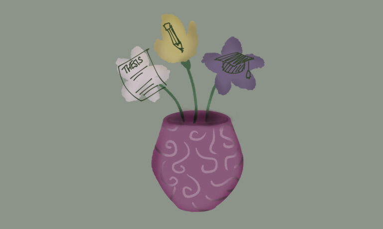 Drawing of a flowerpot with a thesis, pencil, and grad cap.
