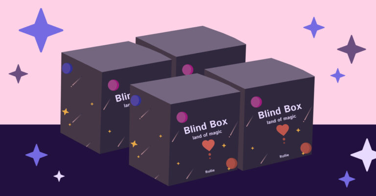 four blind boxes on a dark purple table with sparkles in the background. The theme is magical space.