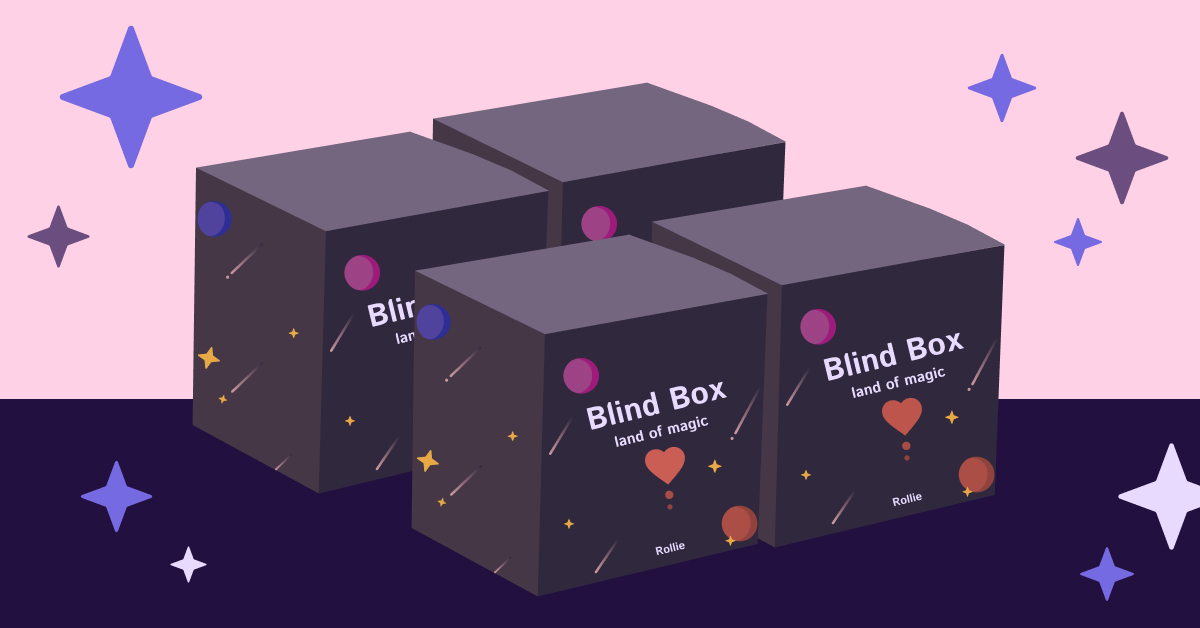 four blind boxes on a dark purple table with sparkles in the background. The theme is magical space.